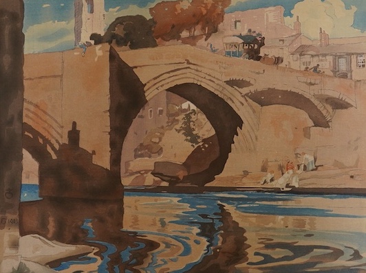 Frank Brangwyn RA RWS RBA (1867-1956), woodblock print, ‘Barnard castle’, printed by Urushibara, signed by both artists, unframed, 42 x 54cm. Condition - fair, generally faded